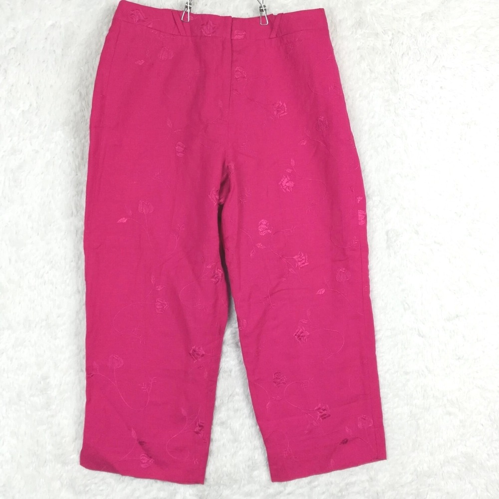 Briggs New York Womens Pants Linen‎ Blend Capri Pink Floral Embroidered 14